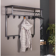 Чорна настінна вішалка для одягу з 12 гачками та 1  полицею